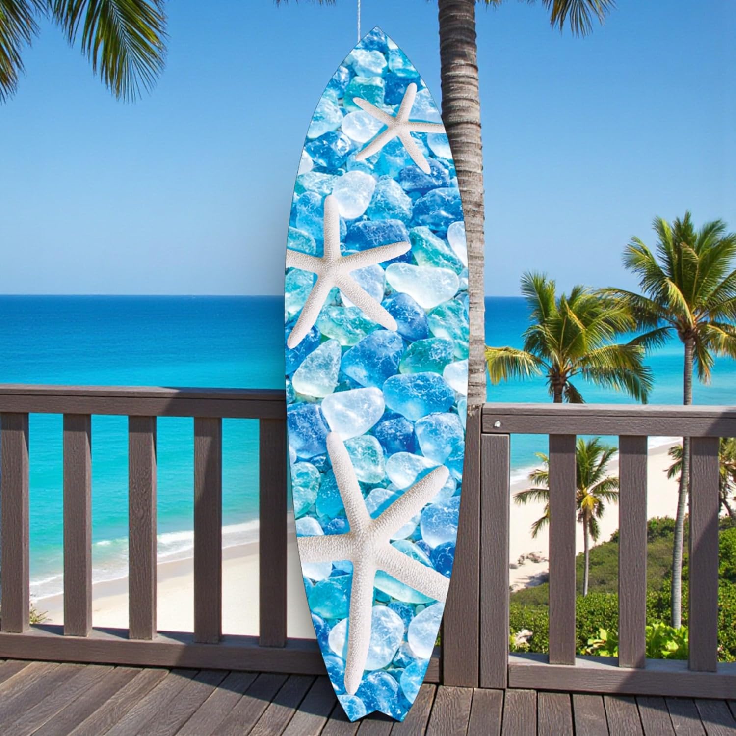 Starfish and Seaglass Decorative Surfboard, Blue Ocean Theme, Premium PVC, Indoor Outdoor Safe, CNC Machine Cut, Made in USA