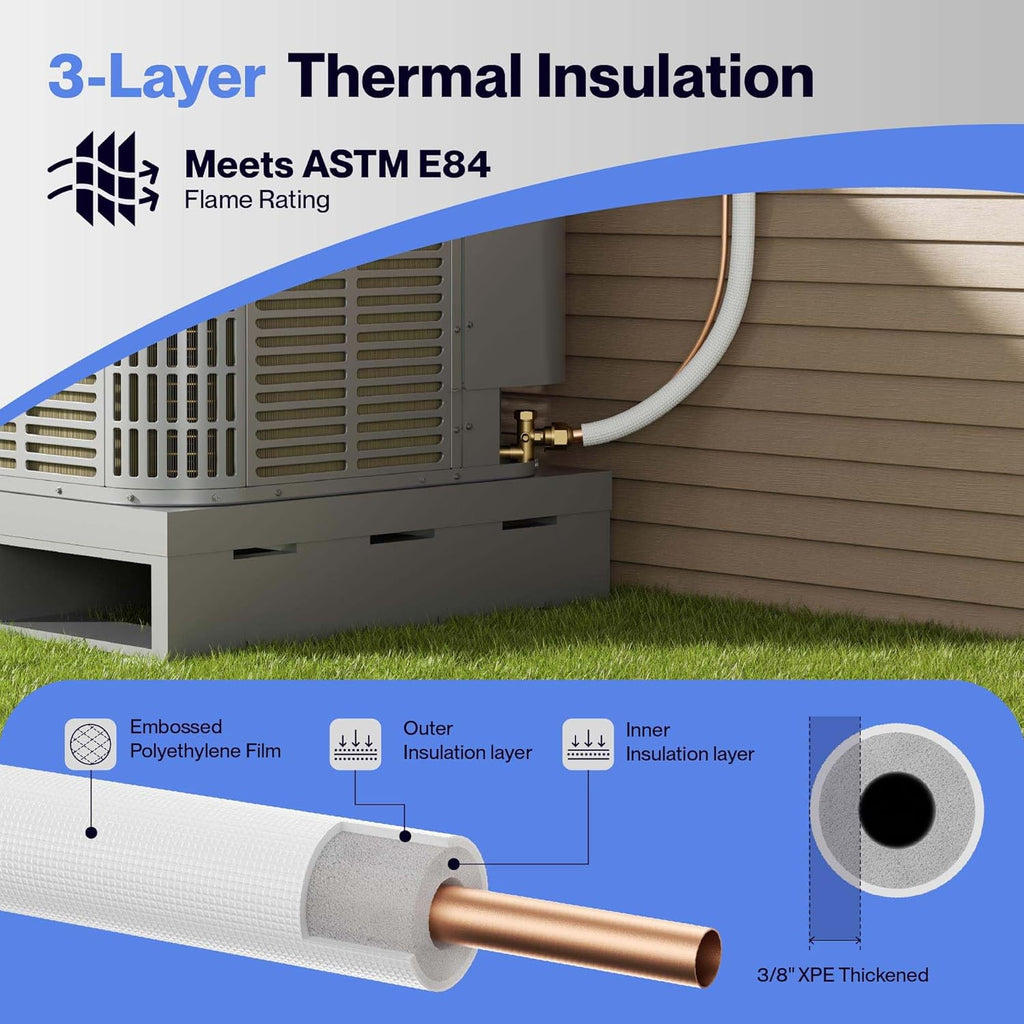 Della 50 Ft Length Central Air Conditioner Line Set, 3/8" & 3/4" O.D. Copper Pipes and 3/8" Thick White XPE Insulated Foam, Compatible with Central AC, Heat Pumps & Other HVAC Systems