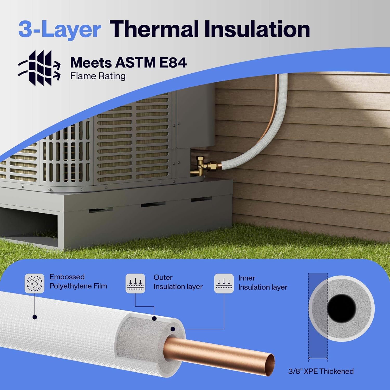 Della 50 Ft Length Central Air Conditioner Line Set, 3/8" & 3/4" O.D. Copper Pipes and 3/8" Thick White XPE Insulated Foam, Compatible with Central AC, Heat Pumps & Other HVAC Systems