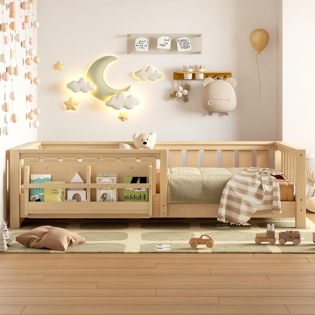Bellemave Twin Floor Bed with Slats and Safety Guardrail, Twin Size Montessori Floor Bed with Fence and Built-in Bookshelf, Easy Assemble Montessori Beds for Kids, Girls, Boys, Light Natural