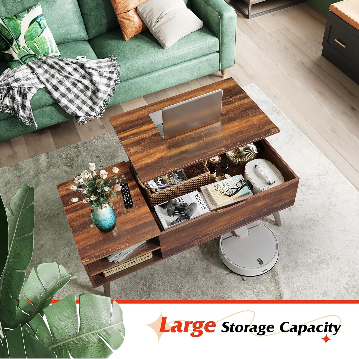 WLIVE Coffee Table, 47“ Lift Top Coffee Tables with Adjustable Storage Shelf and Hidden Compartment, Lift Tabletop Dining Table for Living Room, Rustic Oak