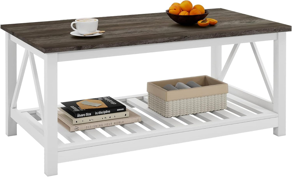 Farmhouse Coffee Table, White OakCoffee Table for Living Room, 2-Tier Rectangular Wooden Centre Cocktail Table with Slats Shelf Storage and V-Shaped Frame Modern Coffee Table Dark Oak