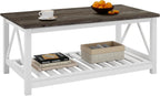Farmhouse Coffee Table, White OakCoffee Table for Living Room, 2-Tier Rectangular Wooden Centre Cocktail Table with Slats Shelf Storage and V-Shaped Frame Modern Coffee Table Dark Oak