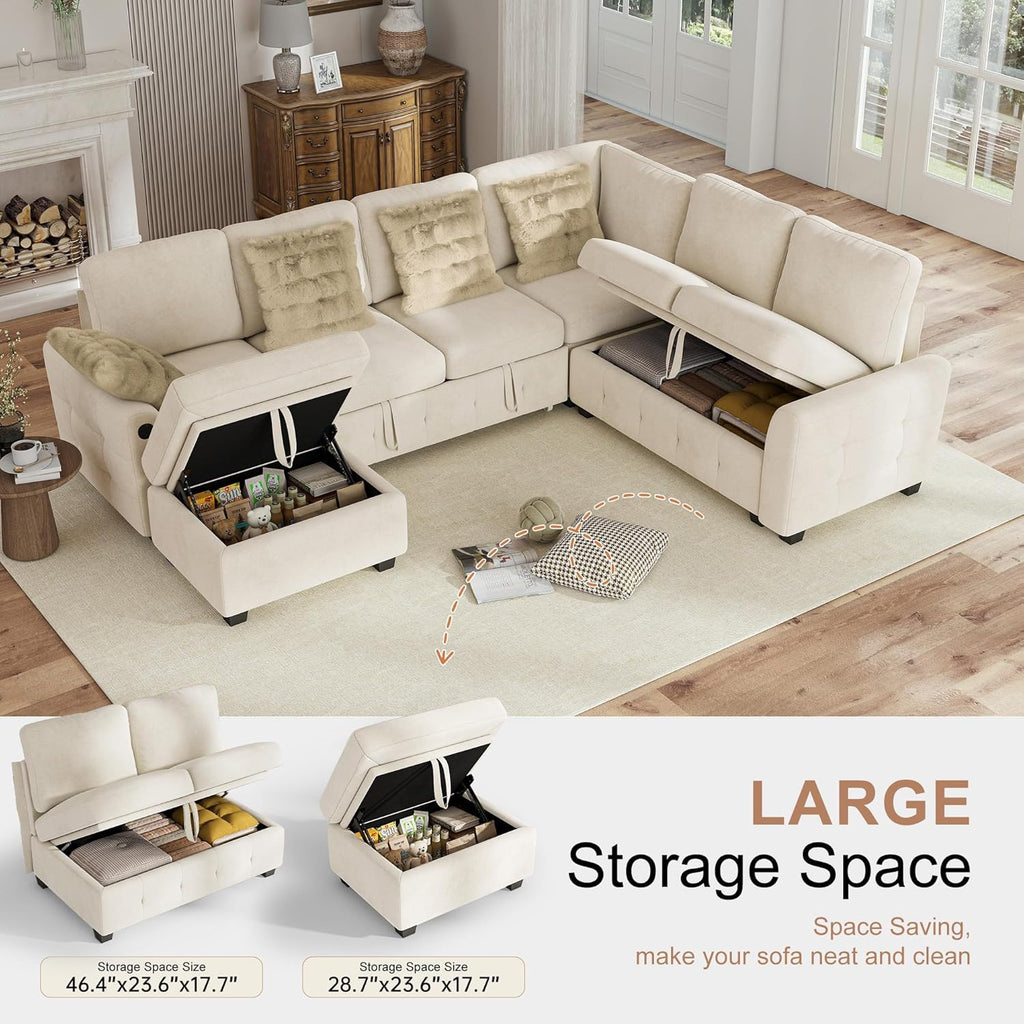 Hanherry Sectional Couch with Pull Out Sofa Bed,Chenille Sleeper Sofa with Storage Ottoman & USB Charging,Comfy L Shaped Modular Couches for Living Room,Apartment
