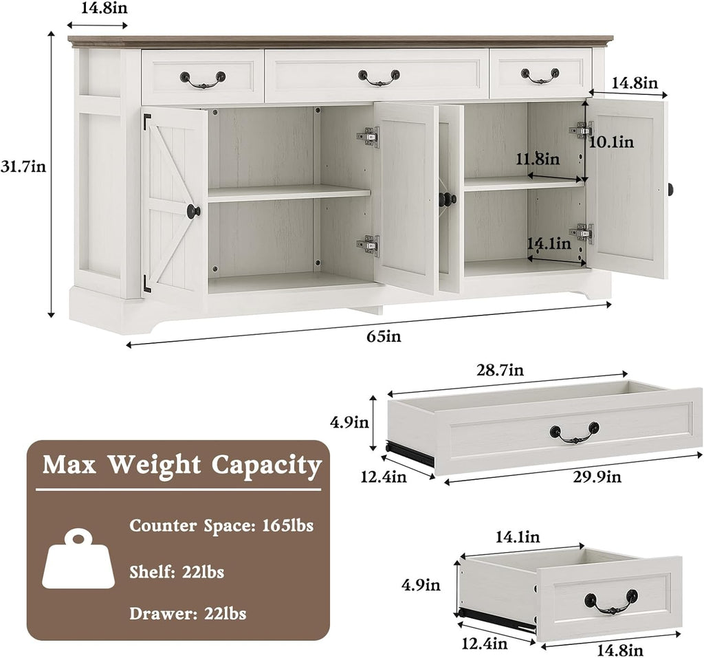 Sunny Heart 65" Large Buffet Storage Cabinet, Farmhouse Kitchen Sideboard Buffet with 3 Drawers and 4 Doors, Coffee Bar Wine Bar Cabinet with Storage for Living Room, White