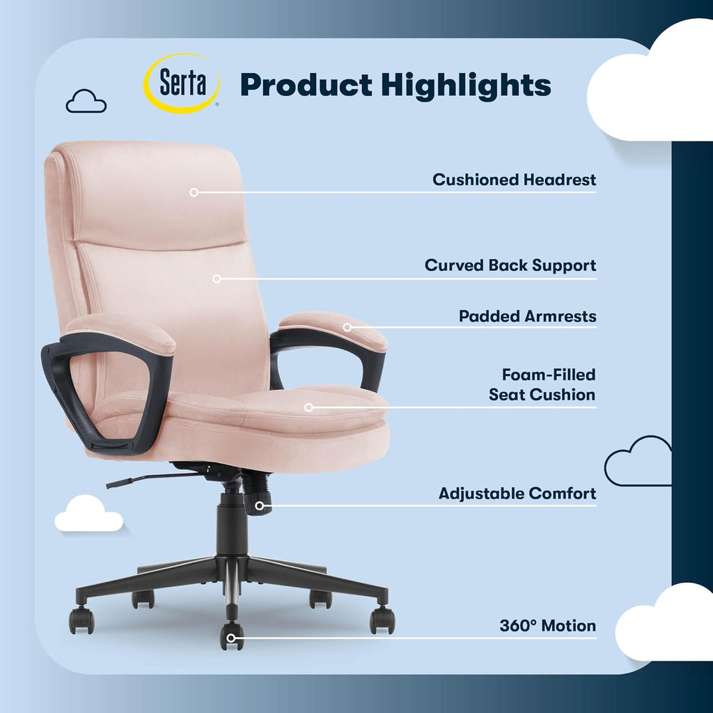 Serta Comfort Ergo Executive Office Chair, Ergonomic Mid-Back Design with Lumbar Support, Semi-Plush Double-Layer Seat Cushion, Padded Armrests, Swivel Metal Base, Soft Velvet, Pink