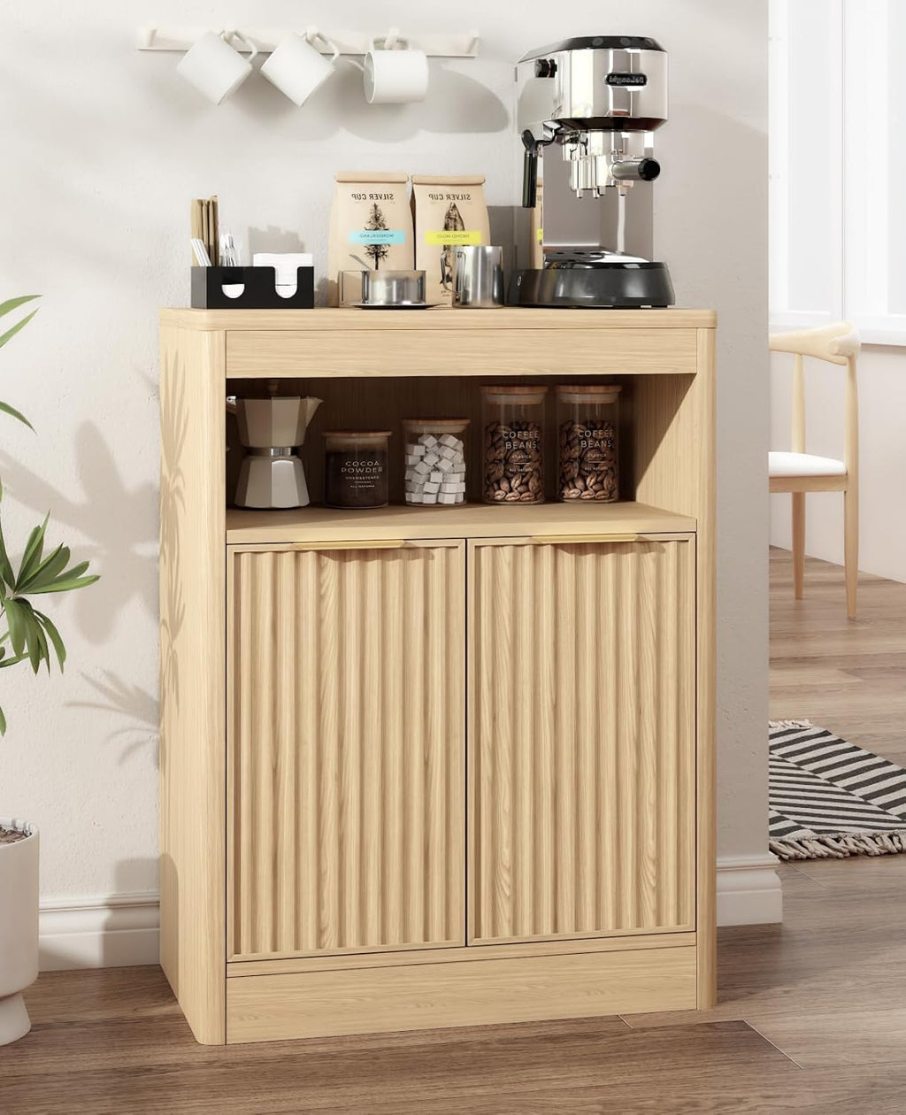 Fluted Buffet Cabinet with Storage, Small Coffee Bar Cabinet with Doors & Adjustable Shelves, Wood Storage Cabinet for Kitchen, Living Room, Entryway, Oak
