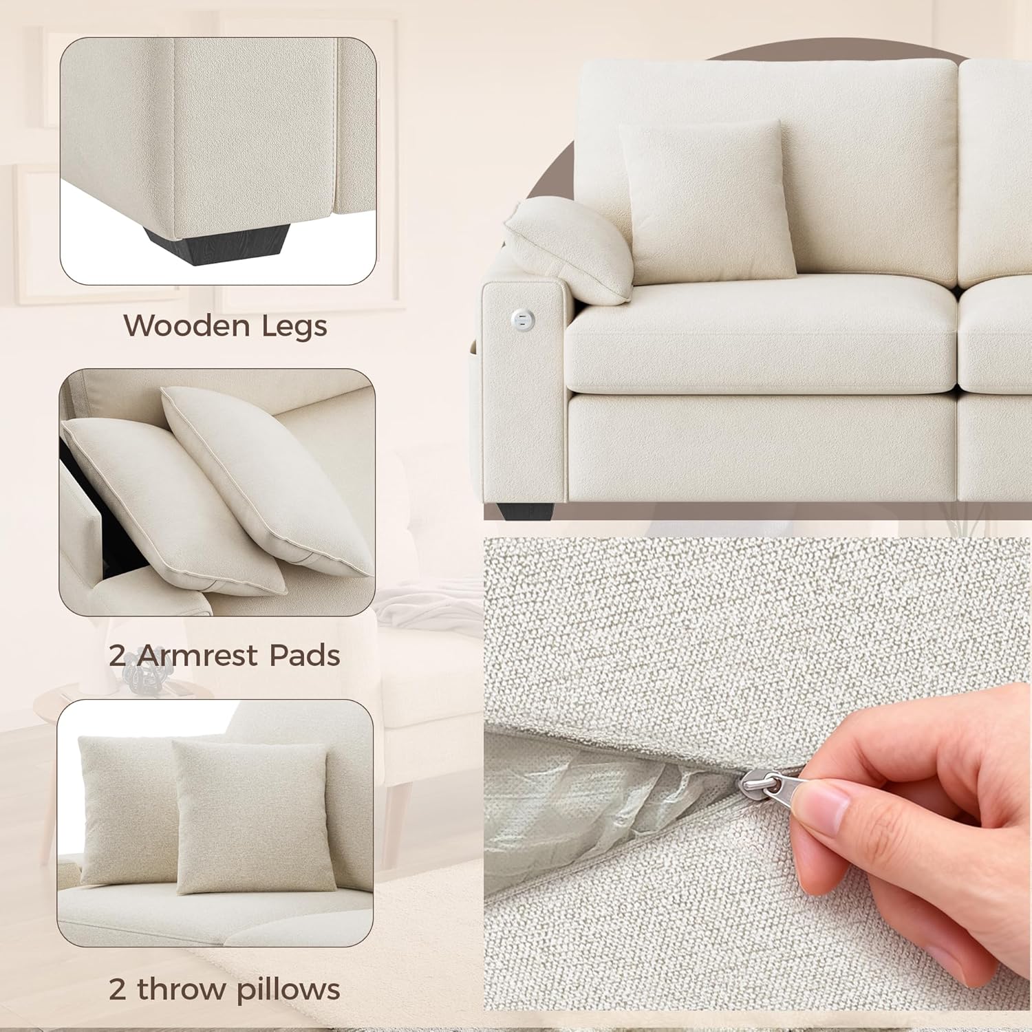 76.38'' Modern Loveseat Sofas for Living Room, 2 Seats Sectional Sofa Couch with USB/Type-C Charging Port & Side Storage Removable Cover, Easy Assembly for Small Spaces- Beige
