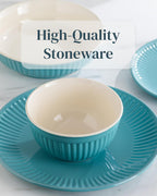 Stoneware Dinnerware Set for 8 People HYGGE 32-Piece - Elegant Scandi Design - Premium Dish Set - Bowl and Plate Set - Tableware for 8 People in a Ribbed Design - Pure Living in Green