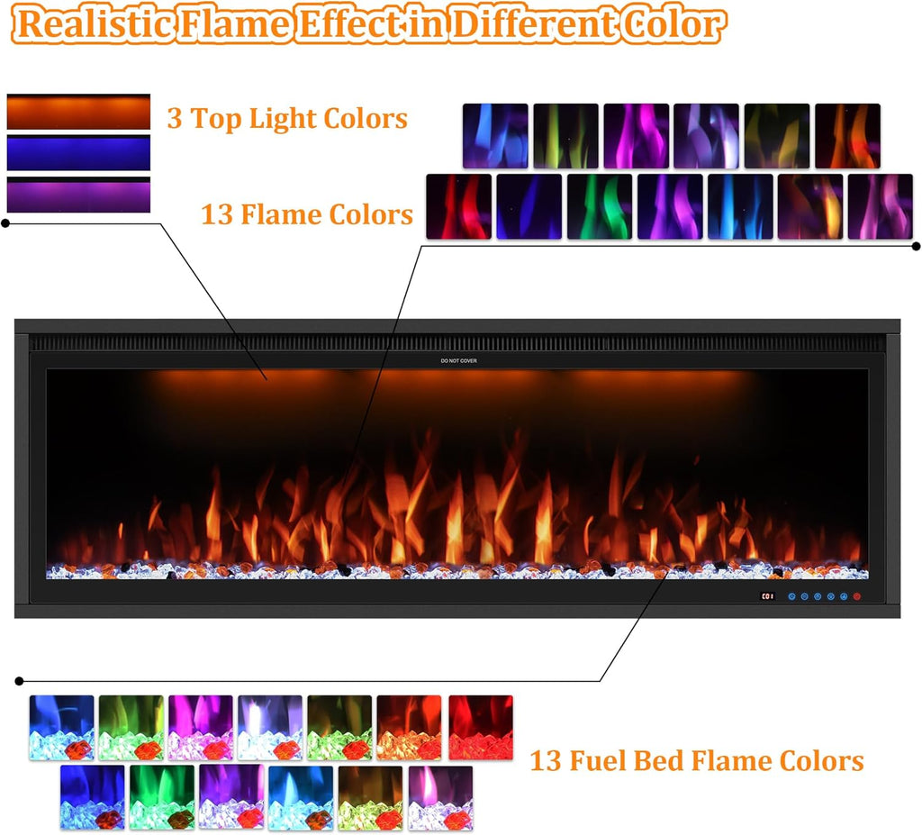 Benrocks 60'' WiFi- Enabled Electric Fireplace Inserts - Alexa & App Control, Slim Recessed & Wall Mounted, 13 * 13 * 3 Flame Color Combinations, 750W/1500W, Black