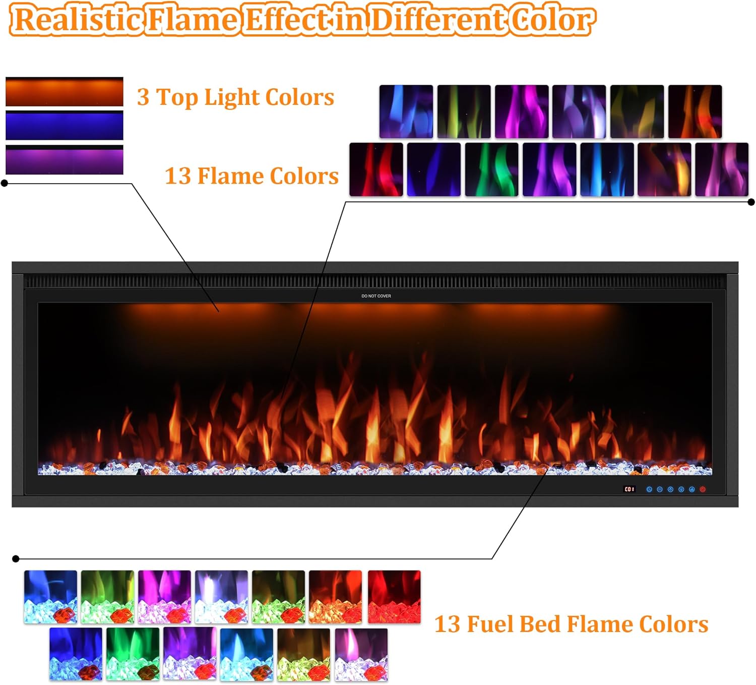 Benrocks 60'' WiFi- Enabled Electric Fireplace Inserts - Alexa & App Control, Slim Recessed & Wall Mounted, 13 * 13 * 3 Flame Color Combinations, 750W/1500W, Black