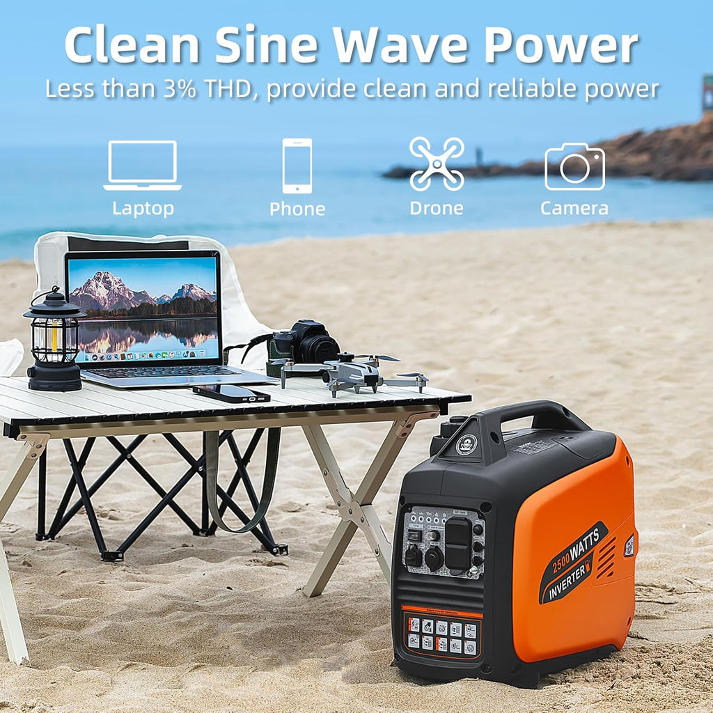 Portable Inverter Generator 2500W Gas Powered  Long Runtime Gas Generators for Home Use  Camping  Super Quiet Emergency Home Backup  with CO Sensor  EPA Compliant