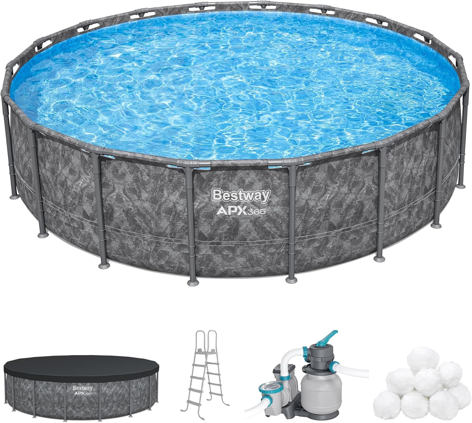 Bestway APX 365 18' x 52" Above Ground Pool  Round Metal Frame Outdoor Swimming Pool Set with Sand Filter Pump  Ladder  and Cover  Dark Marble