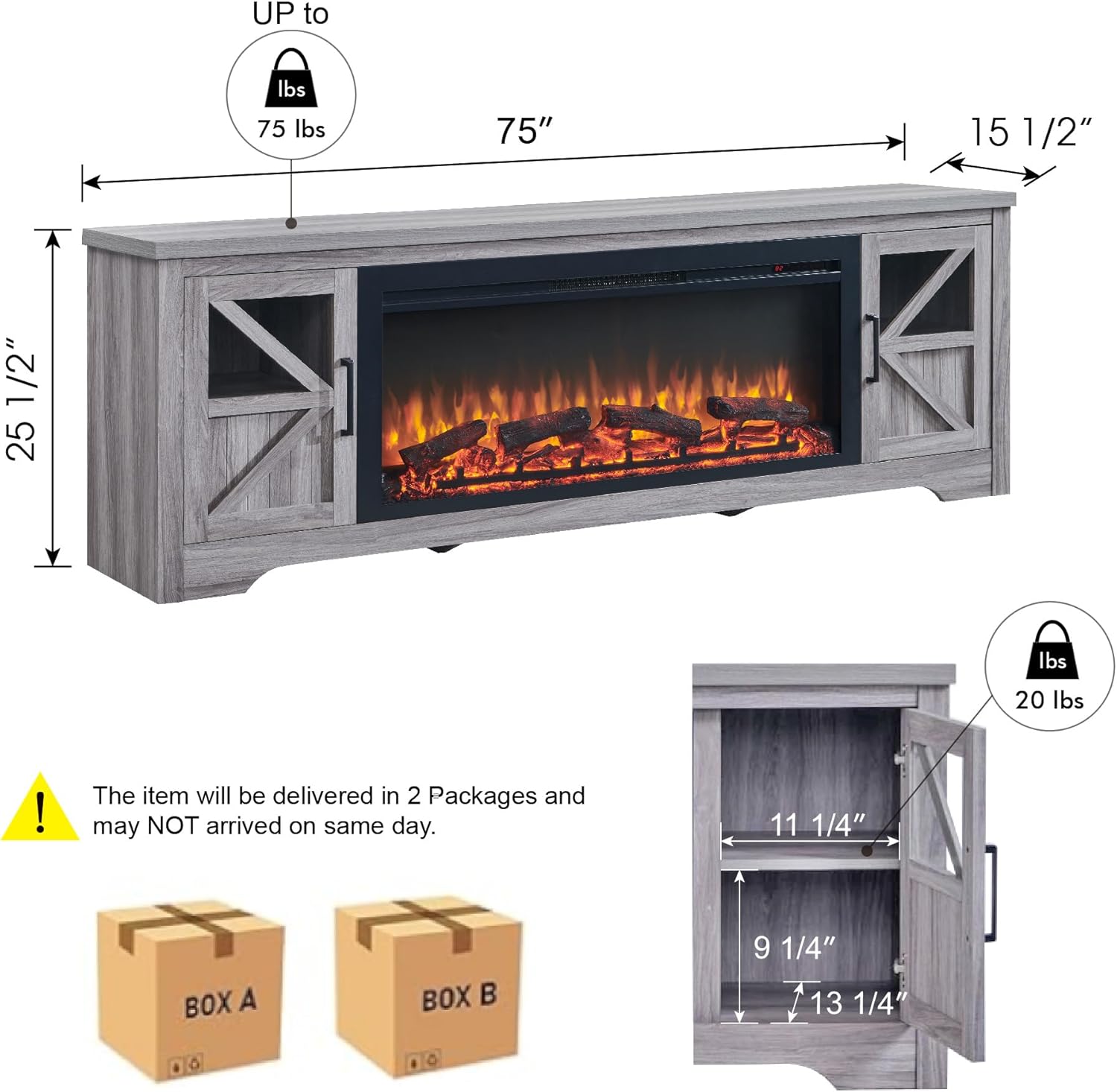75" Farmhouse Fireplace TV Stand for TVs up to 85", Rustic Entertainment Center with 44" Fireplace Heater, Adjustable Storage Cabinets, Barn Door TV Console with Fireplace, Gray
