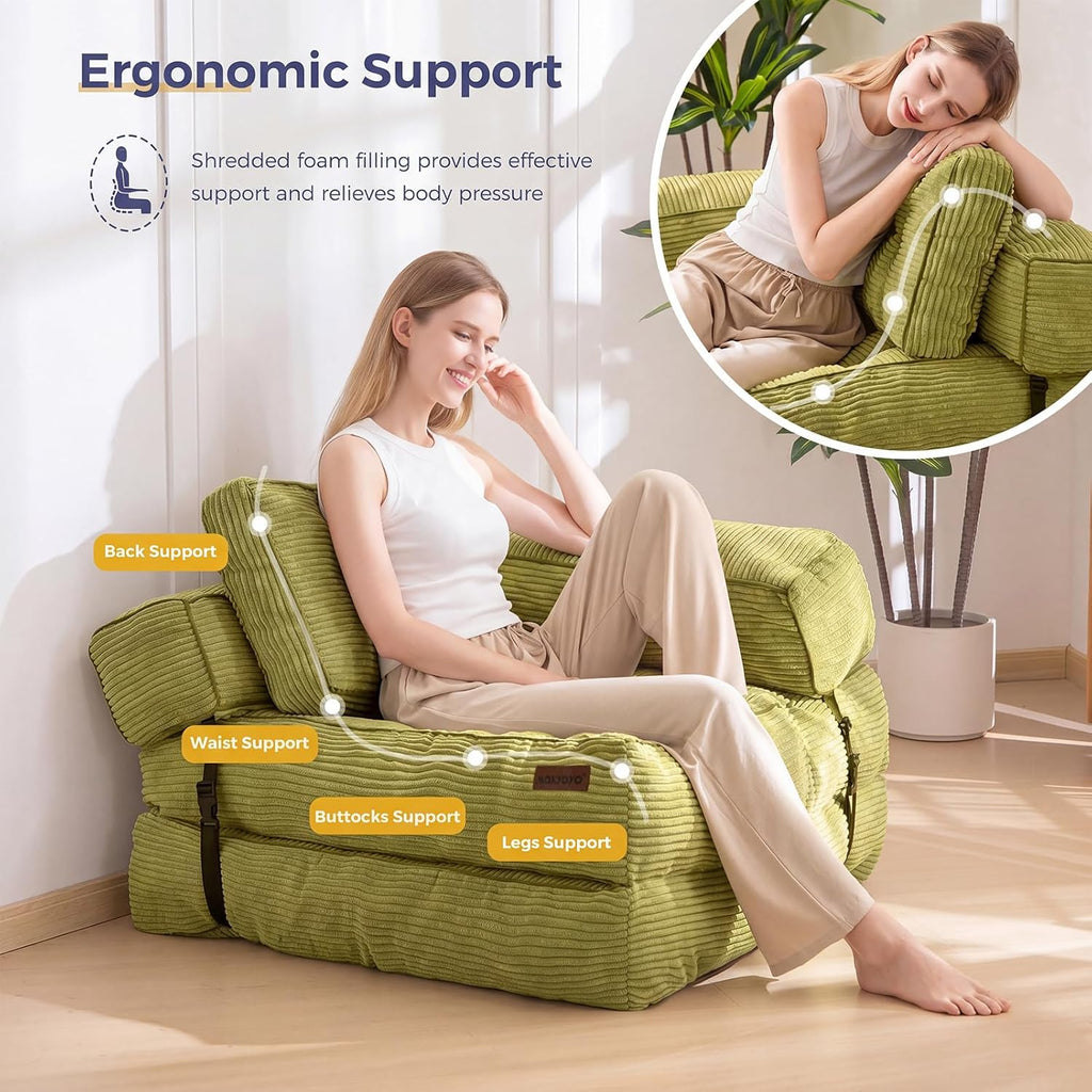 MAXYOYO Folding Sofa Bed, L-Shaped Convertible Sofa Bed with Armrest Foldable Sleeper with Pillow, Portable Fold Out Chair Bed Comfy Floor Sofa Lounge for Living Room Bedroom, Green