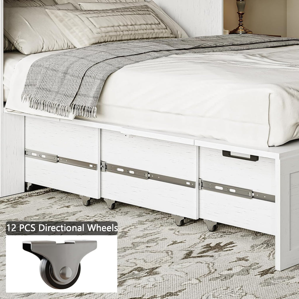 CHUWELL Full Size Murphy Bed with Charging Station & Drawer, Farmhouse Full Size Mobile Cabinet Bed Frame, Murphy Chest Bed Cabinet for Bedroom, Guest Room
