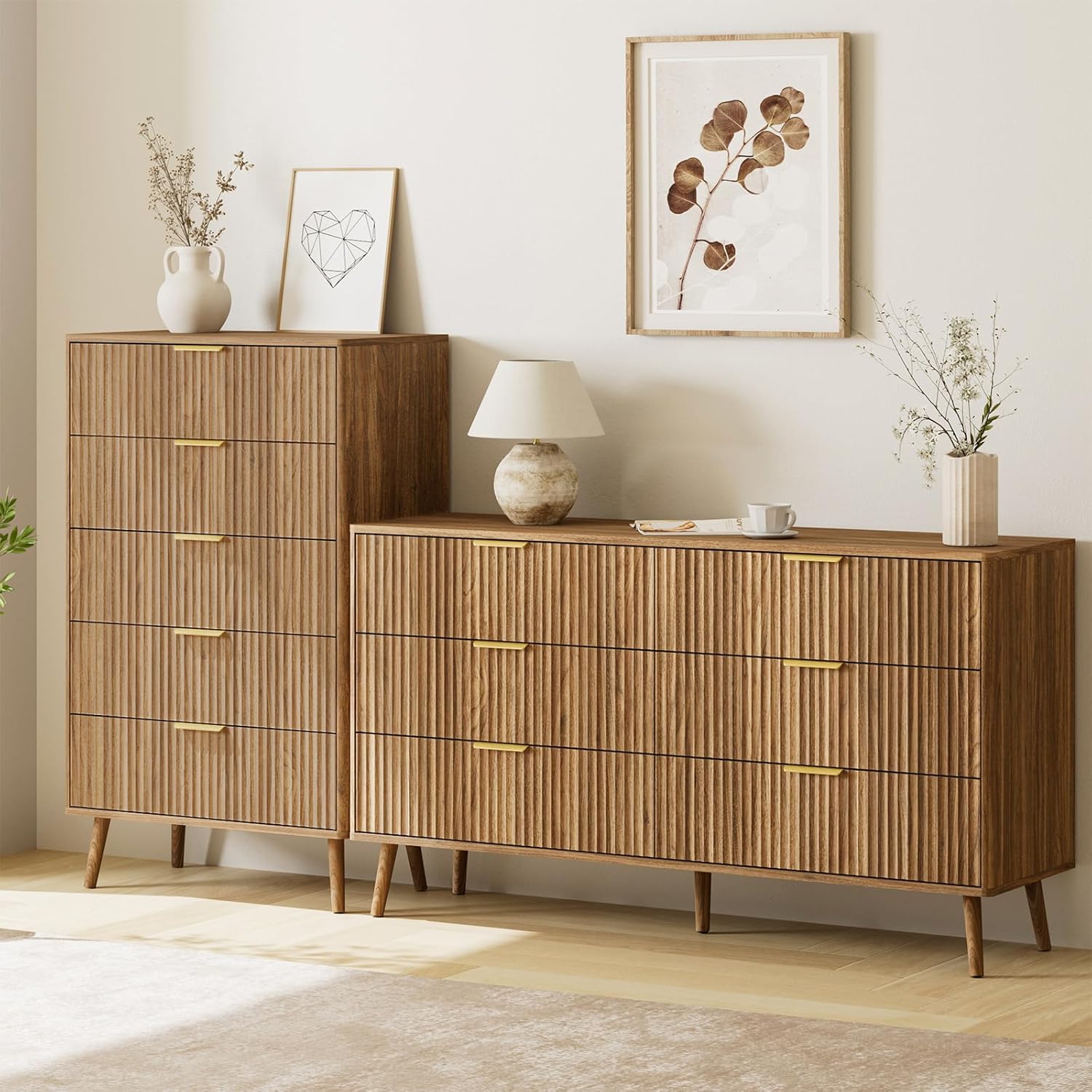 LYNSOM Fluted 5 Drawers Dresser, 45" Tall Modern Chest of Drawers with Curved Profile Design and Metal Handle, Wood Drawer Organizer for Bedroom, Living Room, Hallway, Entryway, Walnut