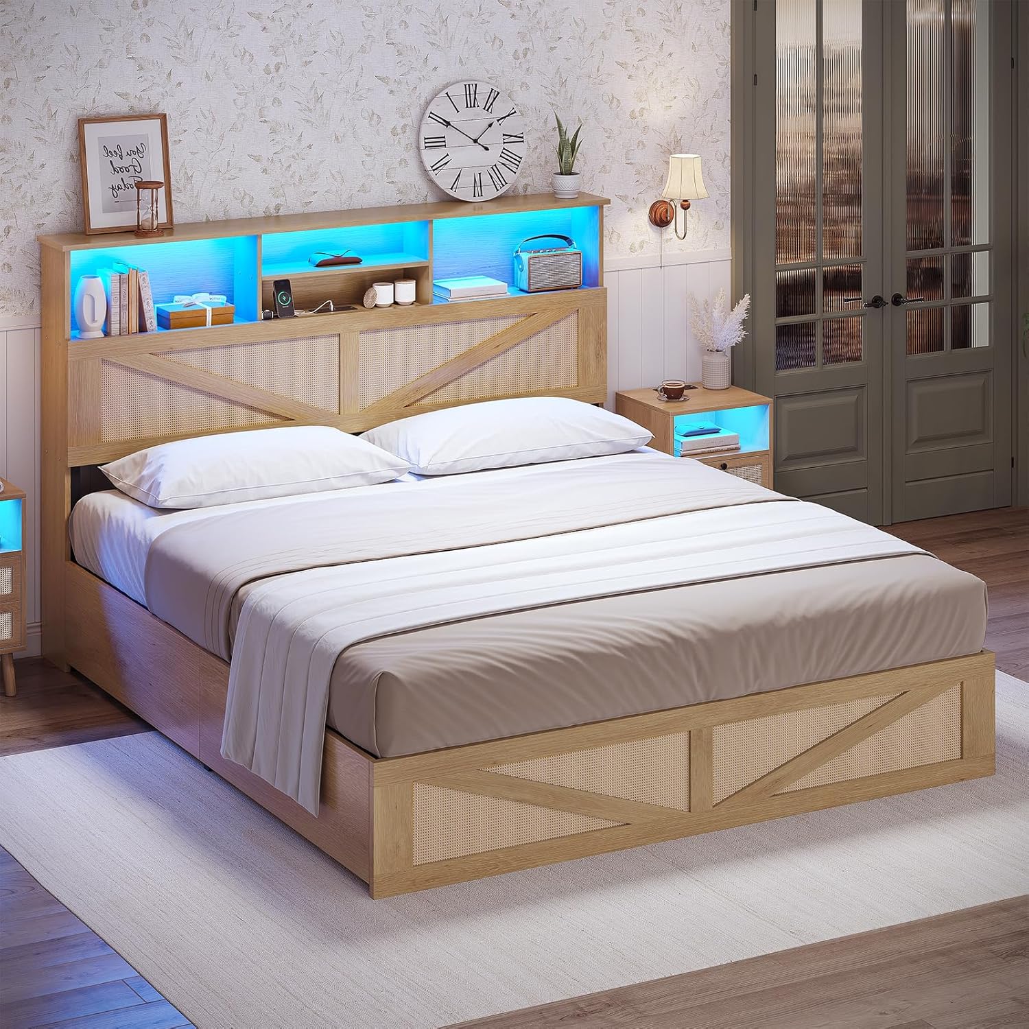 AOGLLATI Queen Bed Frame with 4 Storage Drawers and Natural Rattan 2-Tier Bookcase Hidden Headboard, Boho Led Bed Frame Queen Size with Charging Station, No Box Spring Needed, Wood