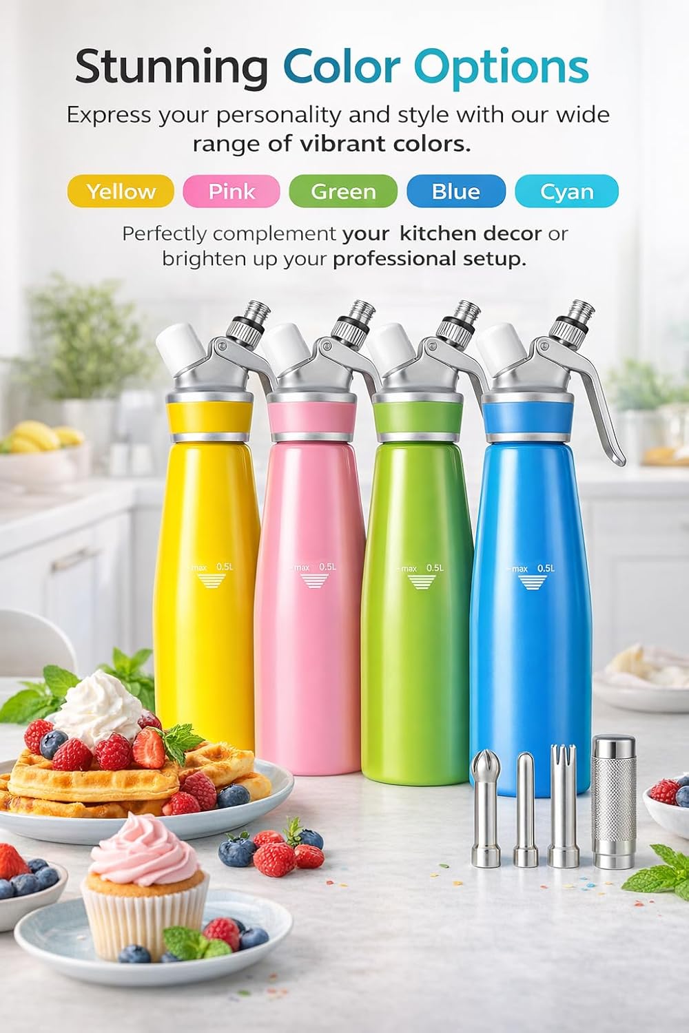Whipped Cream Dispenser–Double Wall Insulated Aluminum Water Bottle with Stainless Steel 3 Nozzles, Extra-Large Capacity Whipping Cream Maker for Desserts, Coffee, Cocktails More-500Ml-Pink