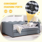 DEINPPA Queen Size Upholstered Daybed with 2 Storage Drawers, Gingham Daybed with USB Ports for Bedroom Living Room Guest Room-Navy