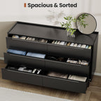 54" Wide Black Dresser for Bedroom, Modern 6 Drawer Double Dresser with Wood Grain Finish, Large Horizontal Chest of Drawers & TV Stand with Anti-Slip Raised Edge, Sleek Storage for Living Room