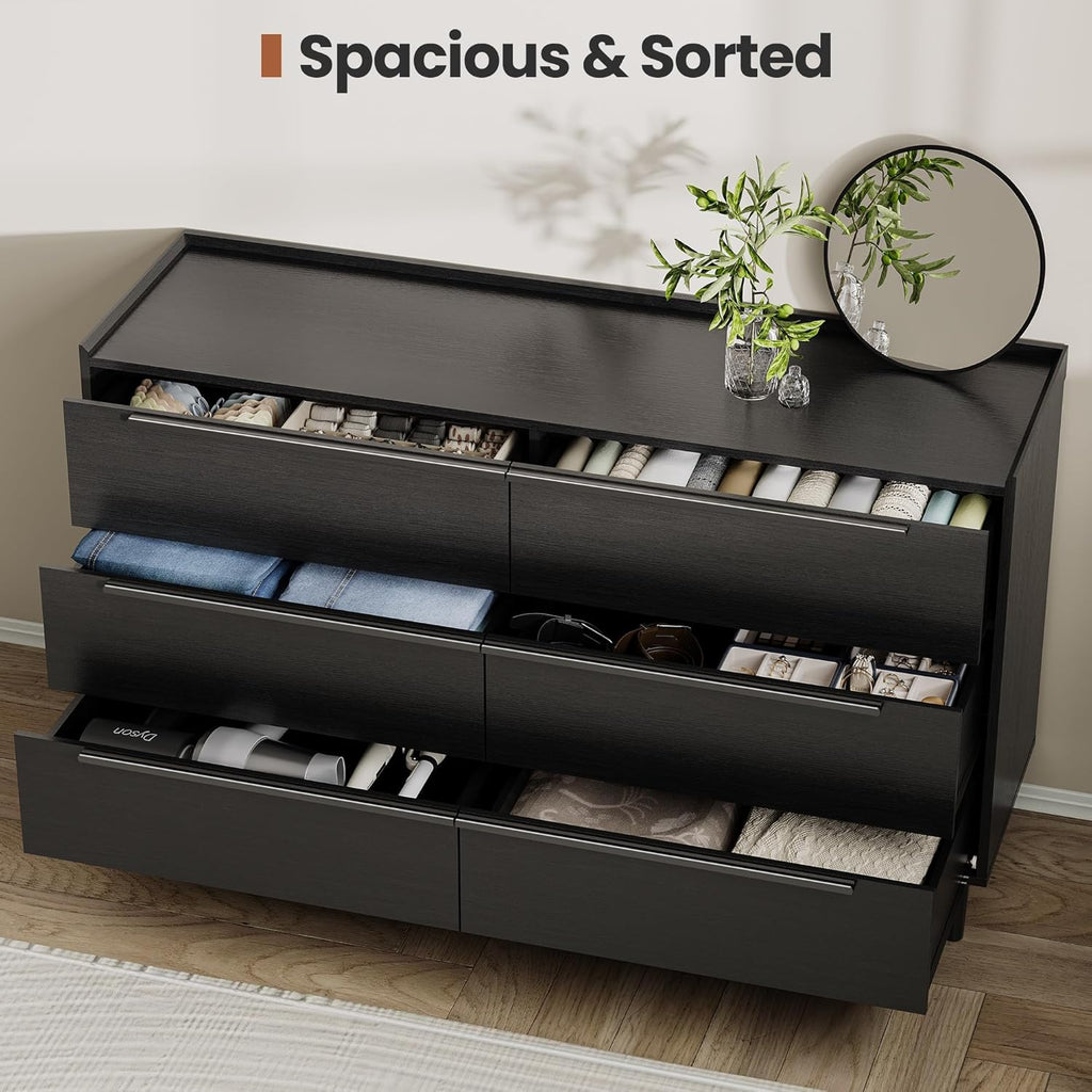 54" Wide Black Dresser for Bedroom, Modern 6 Drawer Double Dresser with Wood Grain Finish, Large Horizontal Chest of Drawers & TV Stand with Anti-Slip Raised Edge, Sleek Storage for Living Room