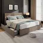 Garvee Corduroy Full Bed Frame with Headboard, Platform Upholstered Bed Frame with 4 Storage Drawers and Wooden Slats Support, No Box Spring Needed, Brown