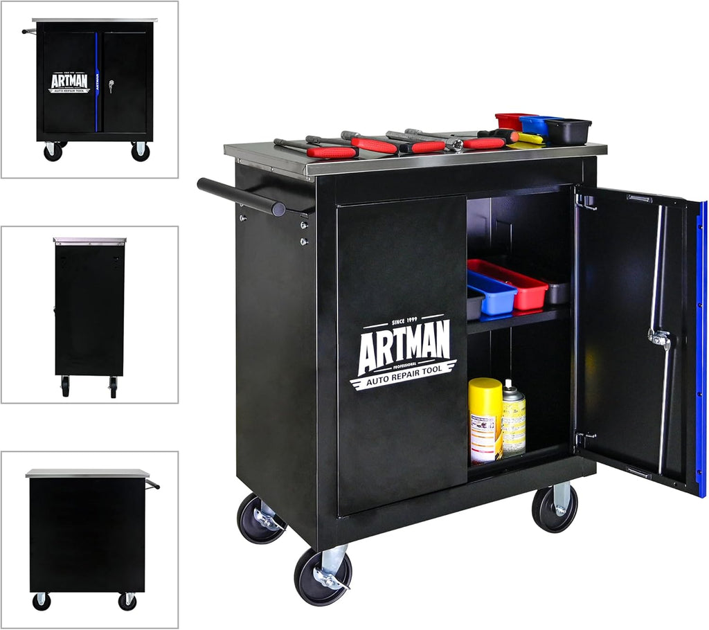 2-Door 2-Shelf Rolling Tool Chest with Stainless Steel Countertop,Tool Chest with Secure Locking System,Mobile Storage Tool Cabinet with 360°Wheels and Padded Feet,for Home,Garage(Black+Blue)