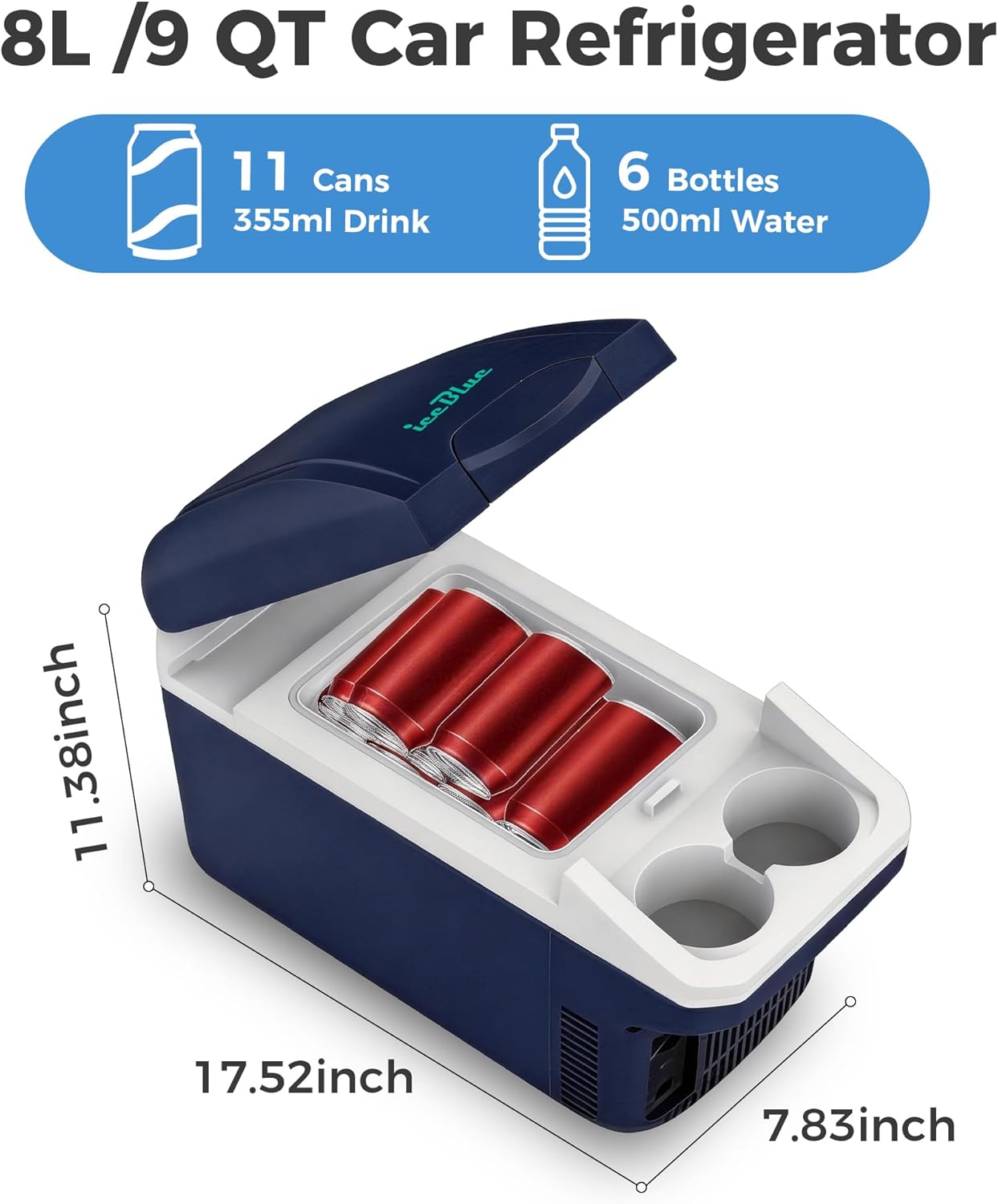 Iceblue Electric Cooler with Type-C, 8 Liter /11 Cans Mini Fridge with Belt, 9V Type-C Thermoelectric Dual-use Car Refrigerator, Car Fridge for Car, Dorm, Travel, Picnic, Gift - Blue