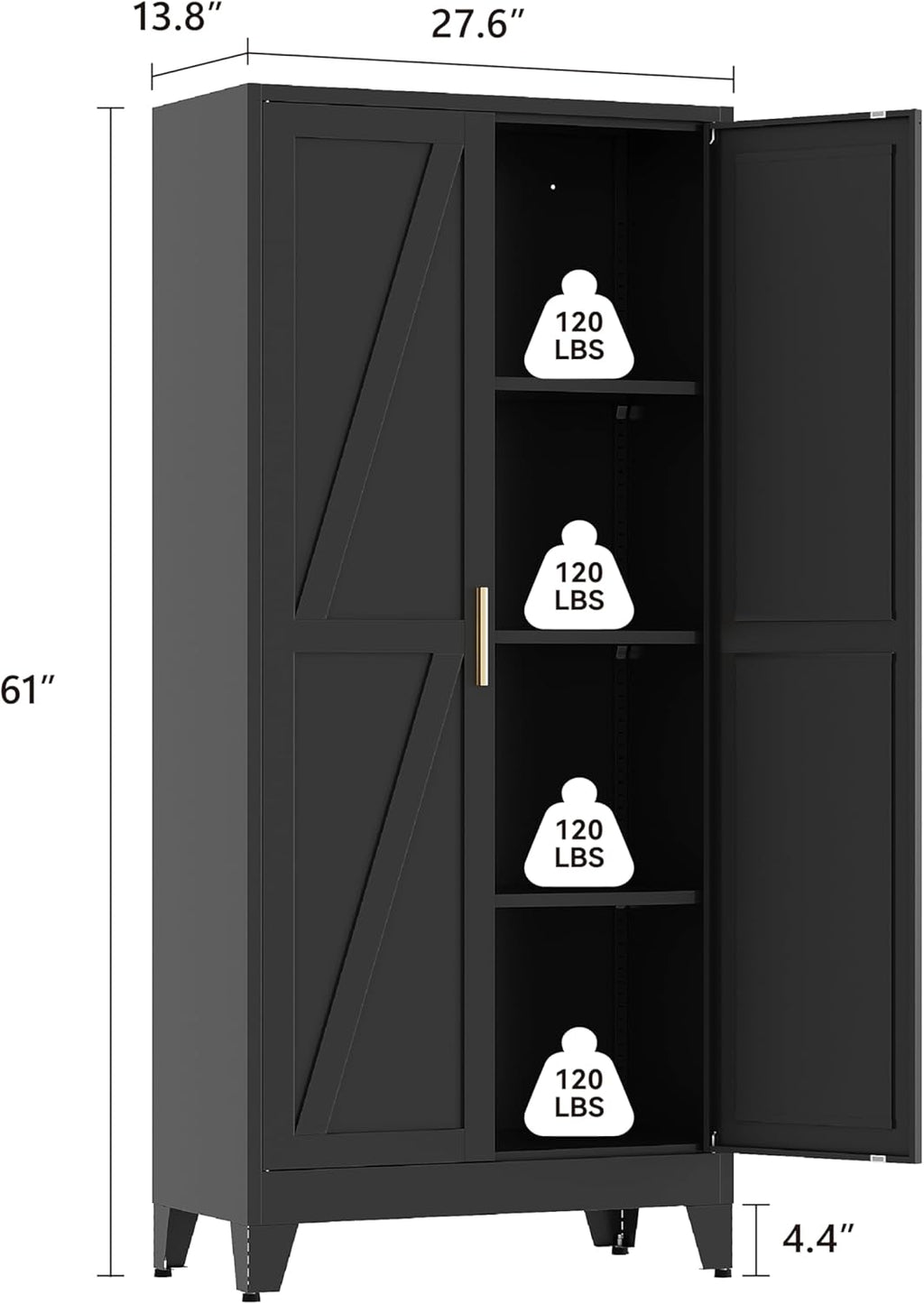 Metal Pantry Cabinet, 61”H Kitchen Pantry Storage Cabinets with 2 Doors & 3 Adjustable Shelves, Black Kitchen Pantries Cabinet, Tall Cabinet with 2 Gold Handles for Dining Room, Living Room