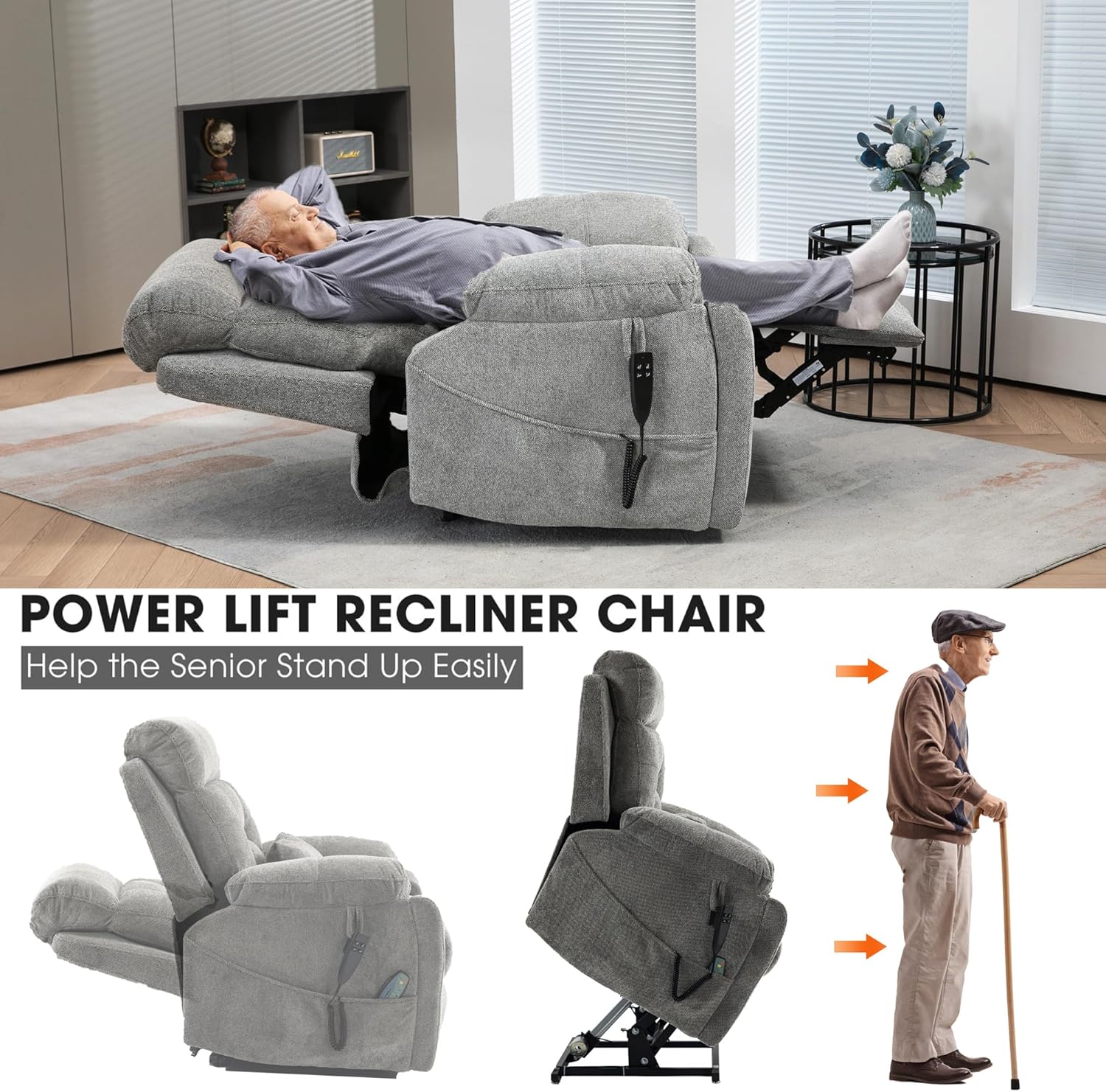 Power Lift Chair Lay Flat Recliner Dual Motor Recliner Chair with Massage Heat for Adults,Up to 400 LBS Recliners with 2 Remote Controls and 2 Cup Holders