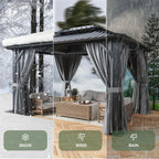 Aoxun 10x12 Gazebo Hardtop Gazebo with Double Galvanized Steel Roof Outdoor Pavilion with Breathable Netting and Privacy Curtain for Backyard (Gray)
