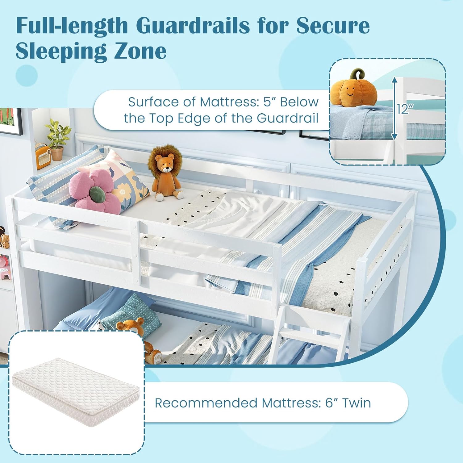 Giantex Twin Over Full Bunk Bed, Solid Wood Kids Bunk Bed with Full-Length Guardrails & Ladder, Low Bunk Beds with Slats Support for Kids, Teens, No Box Spring Needed, White
