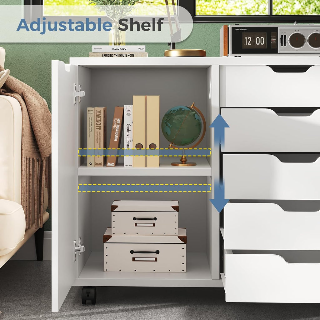 DUMOS 5 Drawer File Cabinet Office Drawers Organizer with Wheels Rolliing, Under Desk Cabinets with Shelves and Door Printer Stand with Wood Board Metal Frame for Home Office Storage Craft Room, White