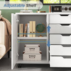 DUMOS 5 Drawer File Cabinet Office Drawers Organizer with Wheels Rolliing, Under Desk Cabinets with Shelves and Door Printer Stand with Wood Board Metal Frame for Home Office Storage Craft Room, White