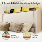 LARMACE King Size Bed Frame with LED Lights and Charging Station Linen Upholstered Platform Bed Frame with 51.2" Tall Wingback Headboard and Storage Shelf, No Box Spring Needed, Easy Assembly, Beige