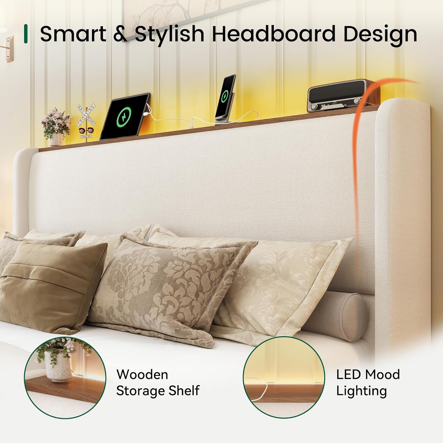 LARMACE King Size Bed Frame with LED Lights and Charging Station Linen Upholstered Platform Bed Frame with 51.2" Tall Wingback Headboard and Storage Shelf, No Box Spring Needed, Easy Assembly, Beige