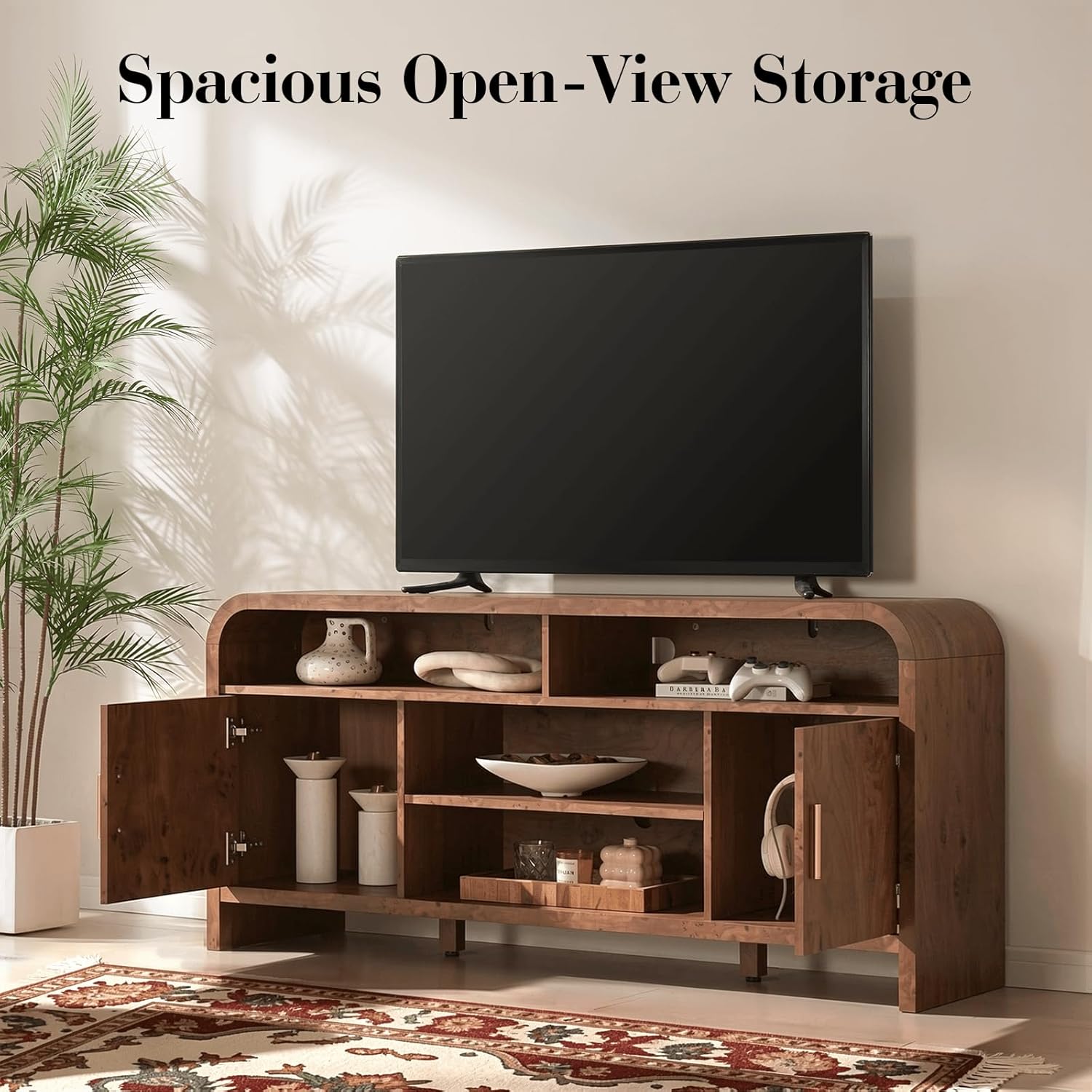 TV Stand for TVs Up to 65'' - Unique Curved Profile, FSC-Certified Wooden Board Entertainment Center with Adjustable Shelves and Storage Cabinet Modern Media Console for Living Room