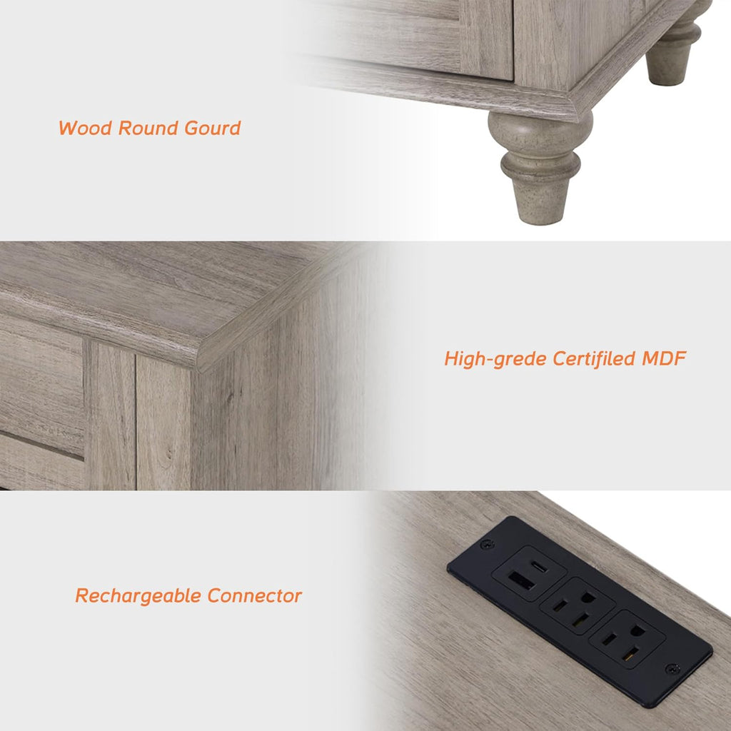 WAMPAT Farmhouse End Table Nightstand with Charging Station, Small Side Table with 2 Drawers & Shelf for Living Room, Light Wood Night Stand Bedside Table for Bedroom, Grey