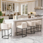 26" Counter Height Bar Stools Set of 3, Linen Fabric Upholstered Kitchen Counter Bar Stools, Modern Barrel Accent Barstools for Island with Backrest and Arms, Black Metal Frames, Linen