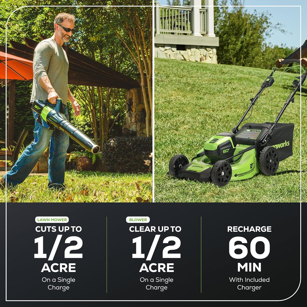 Greenworks 80V 21” Brushless (Self-Propelled) Cordless Electric Lawn Mower + (580 CFM) Axial Leaf Blower (75+ Compatible Tools)  4.0Ah Battery and 60 Minute Rapid Charger  Green and Black