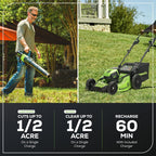 Greenworks 80V 21” Brushless (Self-Propelled) Cordless Electric Lawn Mower + (580 CFM) Axial Leaf Blower (75+ Compatible Tools)  4.0Ah Battery and 60 Minute Rapid Charger  Green and Black
