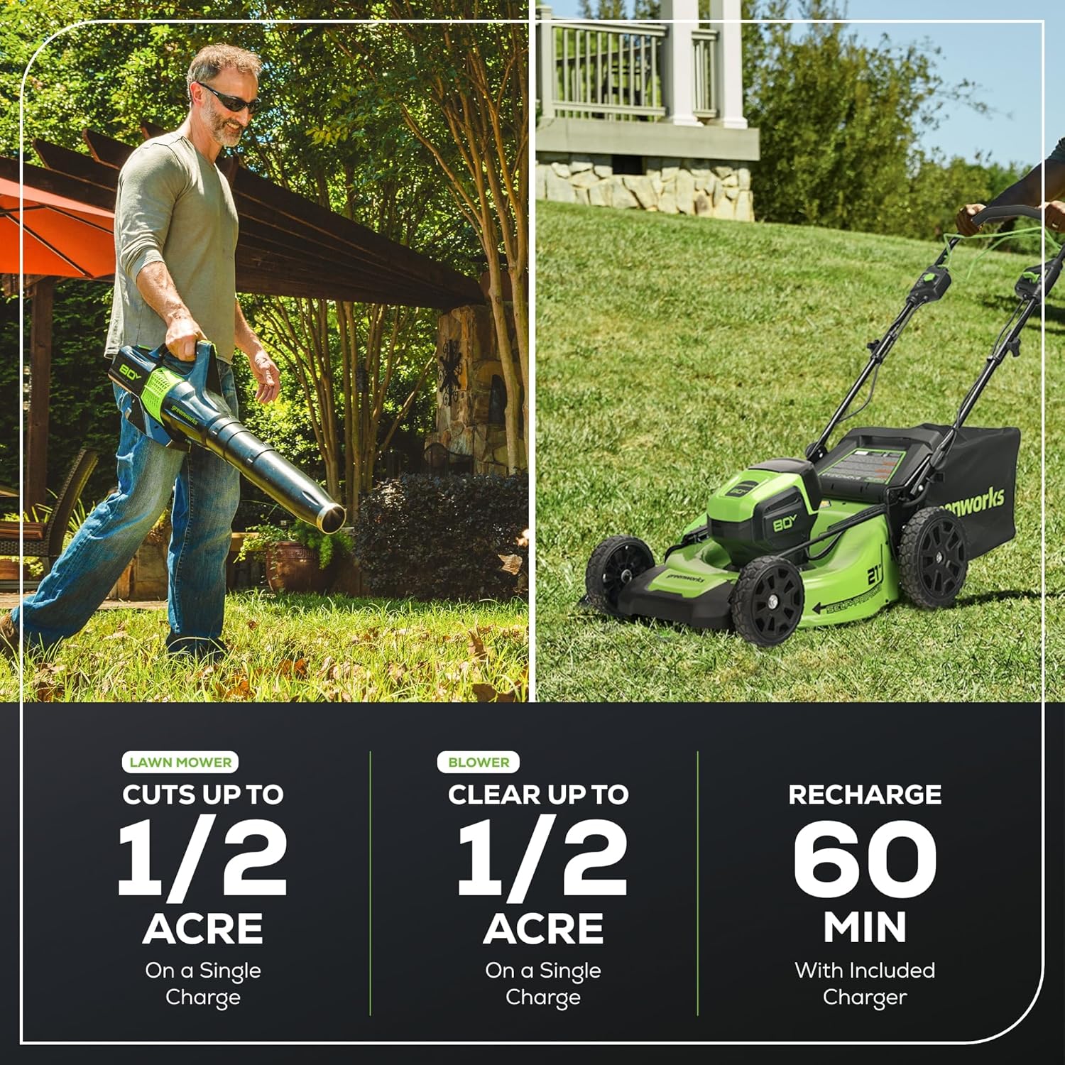 Greenworks 80V 21” Brushless (Self-Propelled) Cordless Electric Lawn Mower + (580 CFM) Axial Leaf Blower (75+ Compatible Tools)  4.0Ah Battery and 60 Minute Rapid Charger  Green and Black