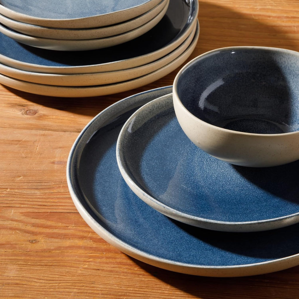Gibson Elite Manila Bay 12-Piece Stoneware Dinnerware Set, Service for 4, Reactive Glaze Modern Artisan Plates, Bowls & Mugs, Blue, Round Design