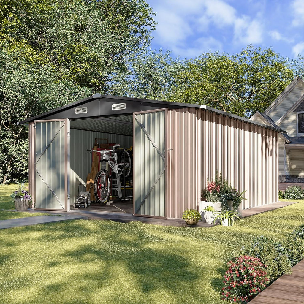 Aoxun 10 x 12FT Outdoor Storage Shed with Double Hinged Large Door Utility Garden Shed with Lockable Door & Sloped Roof Metal Sheds Outdoor Storage for Garden  Backyard  Patio and Backyard  Brown