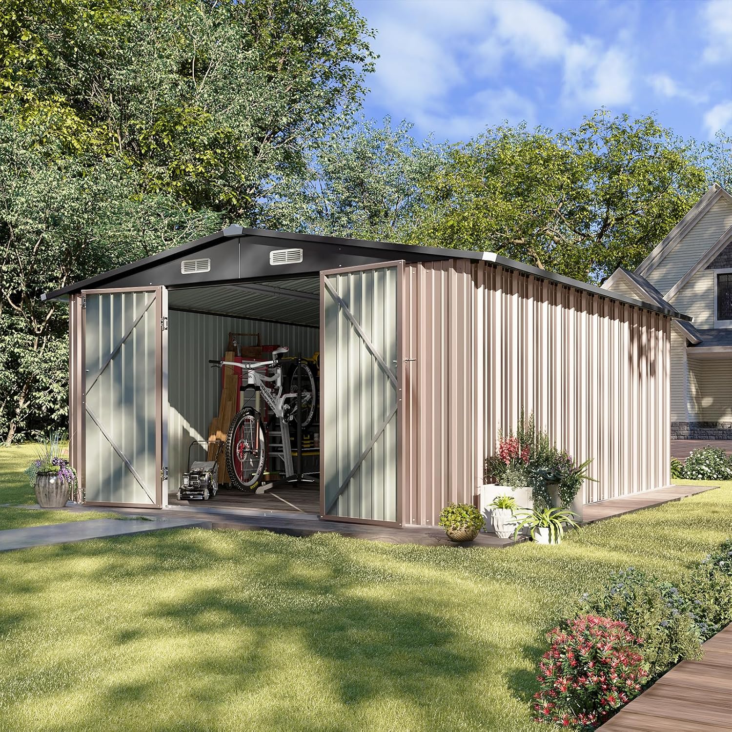 Aoxun 10 x 12FT Outdoor Storage Shed with Double Hinged Large Door Utility Garden Shed with Lockable Door & Sloped Roof Metal Sheds Outdoor Storage for Garden  Backyard  Patio and Backyard  Brown