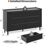 54" Wide Black Dresser for Bedroom, Modern 6 Drawer Double Dresser with Wood Grain Finish, Large Horizontal Chest of Drawers & TV Stand with Anti-Slip Raised Edge, Sleek Storage for Living Room
