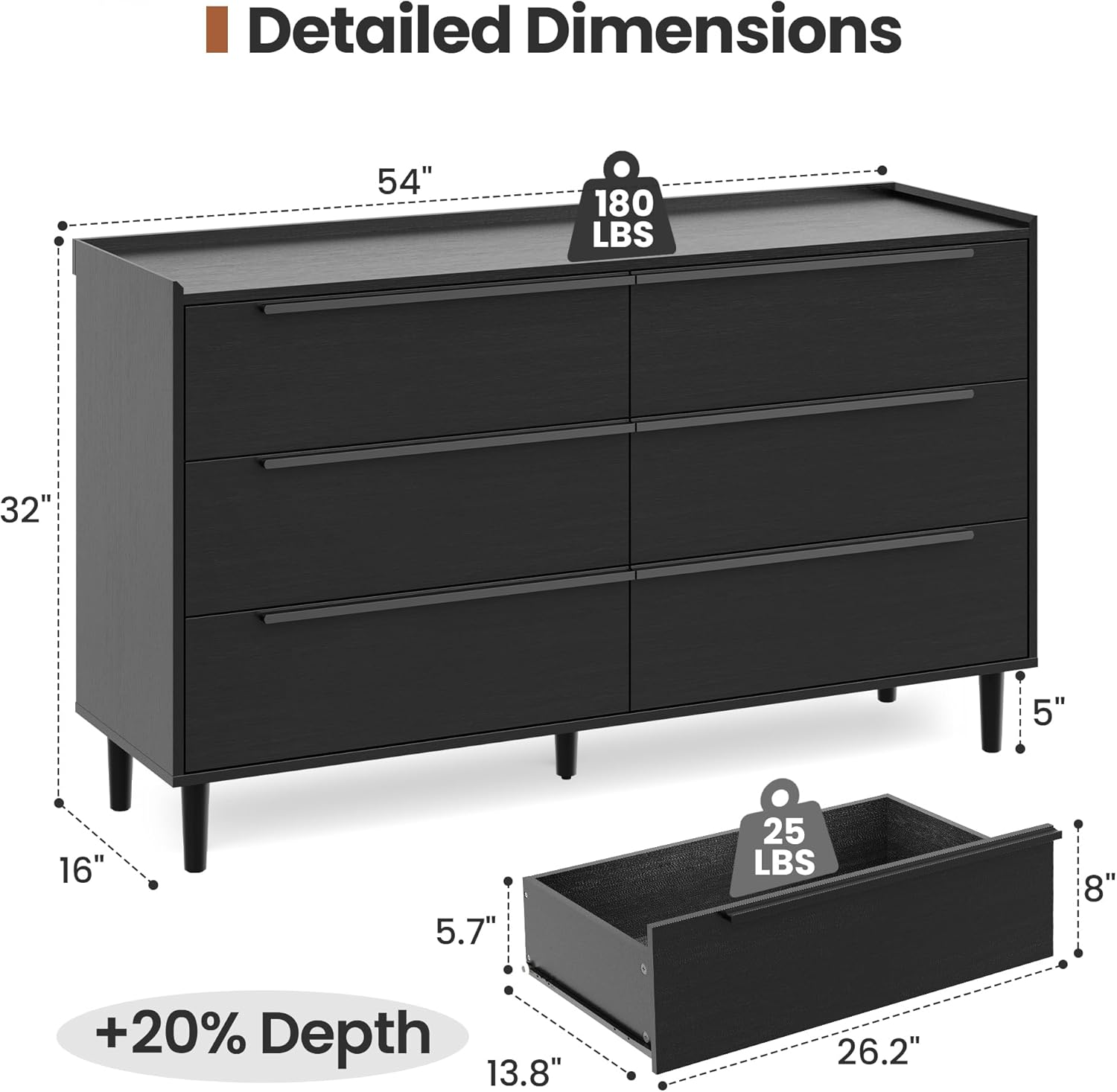 54" Wide Black Dresser for Bedroom, Modern 6 Drawer Double Dresser with Wood Grain Finish, Large Horizontal Chest of Drawers & TV Stand with Anti-Slip Raised Edge, Sleek Storage for Living Room