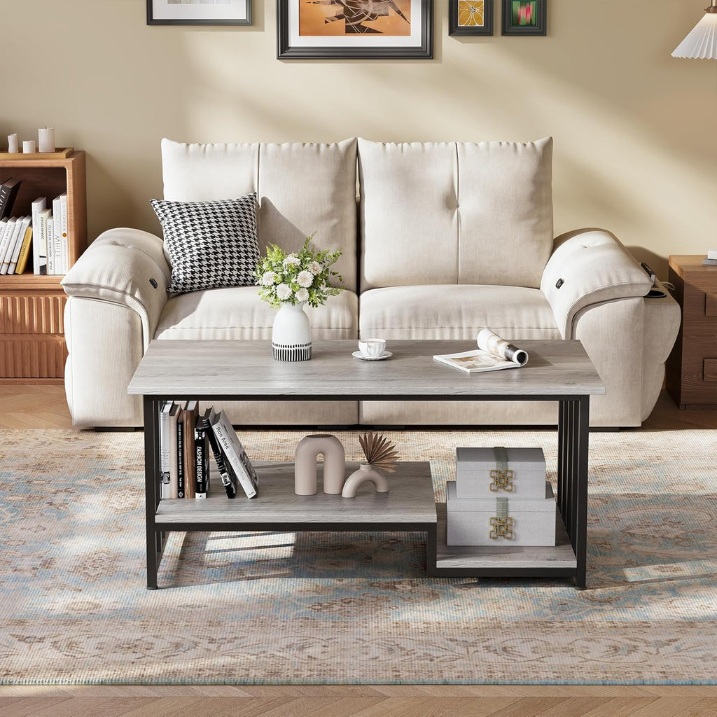 Coffee Table, 39 Inch 2-Tier Farmhouse Rustic Coffee Table with Storage, Modern Rectangle Wooden Center Table, for Living Room, Small Space, Easy Assembly, Wash Gray