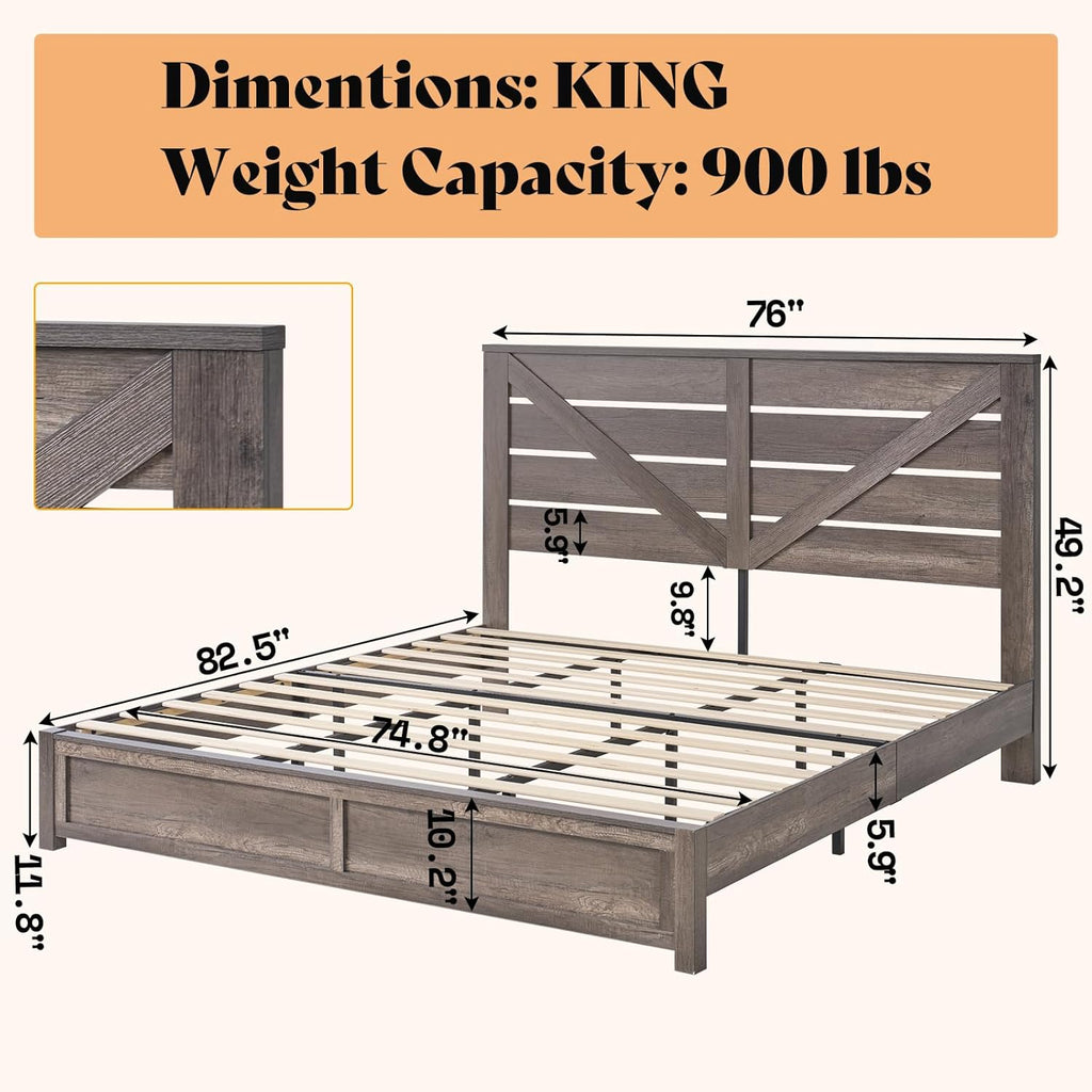 AMERLIFE King Size Farmhouse Bed Frame with 49.2" Barn Door Headboard, Platform Bed Frame with Wood Slats, Under Bed Storage Space, Easy Assembly, Noisy Free, Rustic Gray